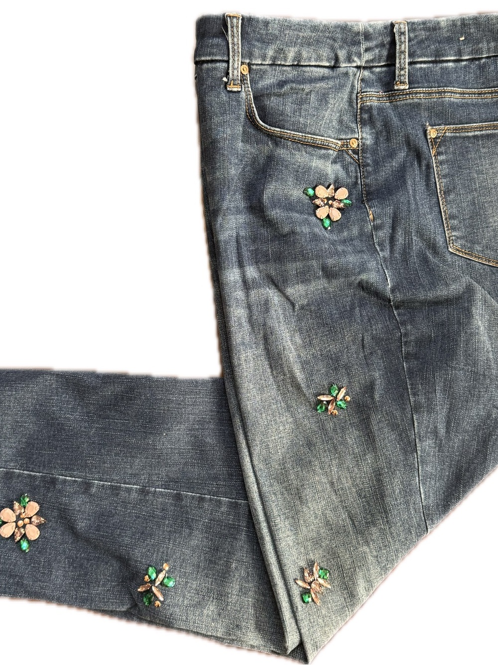Chico's Blue Straight-Leg Jeans with Jewel Floral Embellishments